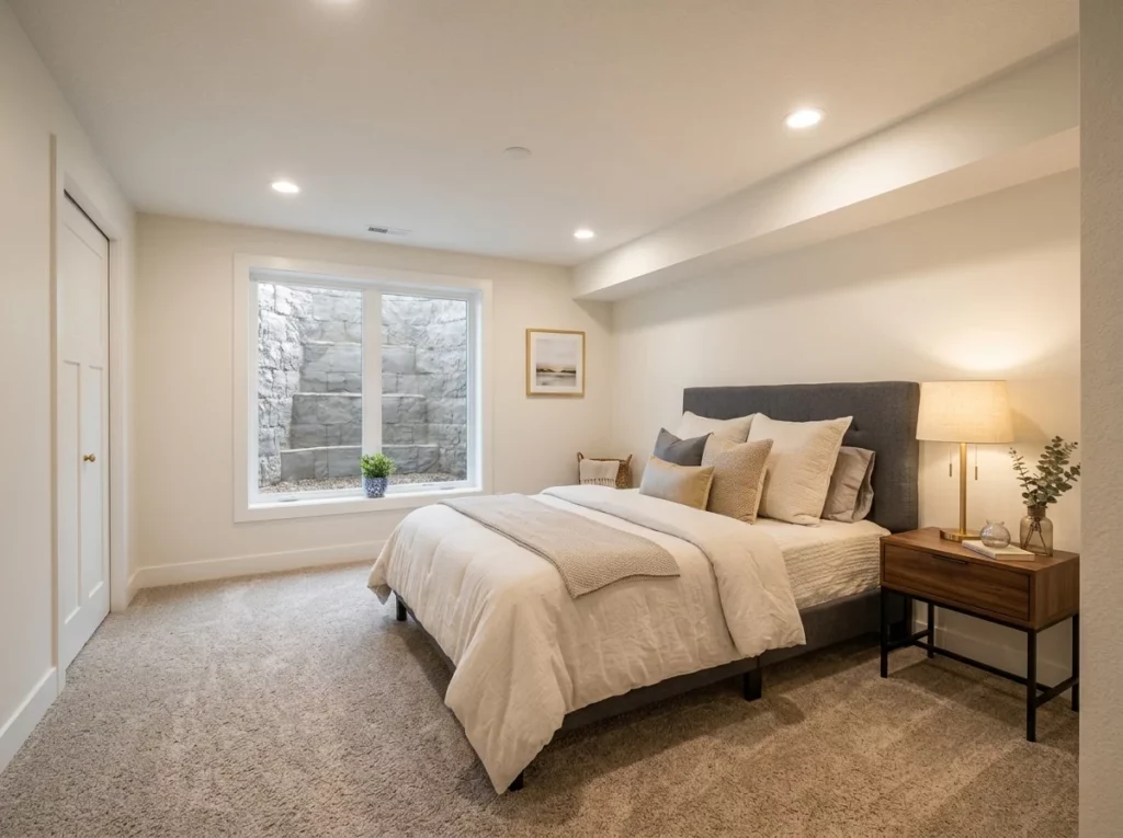 Finished basement bedroom with egress window in a Waukesha County home