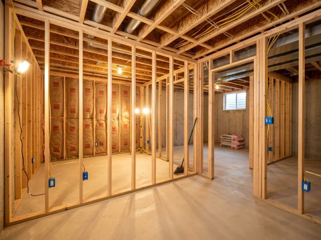 Basement framing and insulation during a basement finishing project in Waukesha County