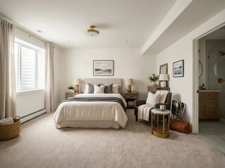 Finished basement guest suite with bed and soft lighting