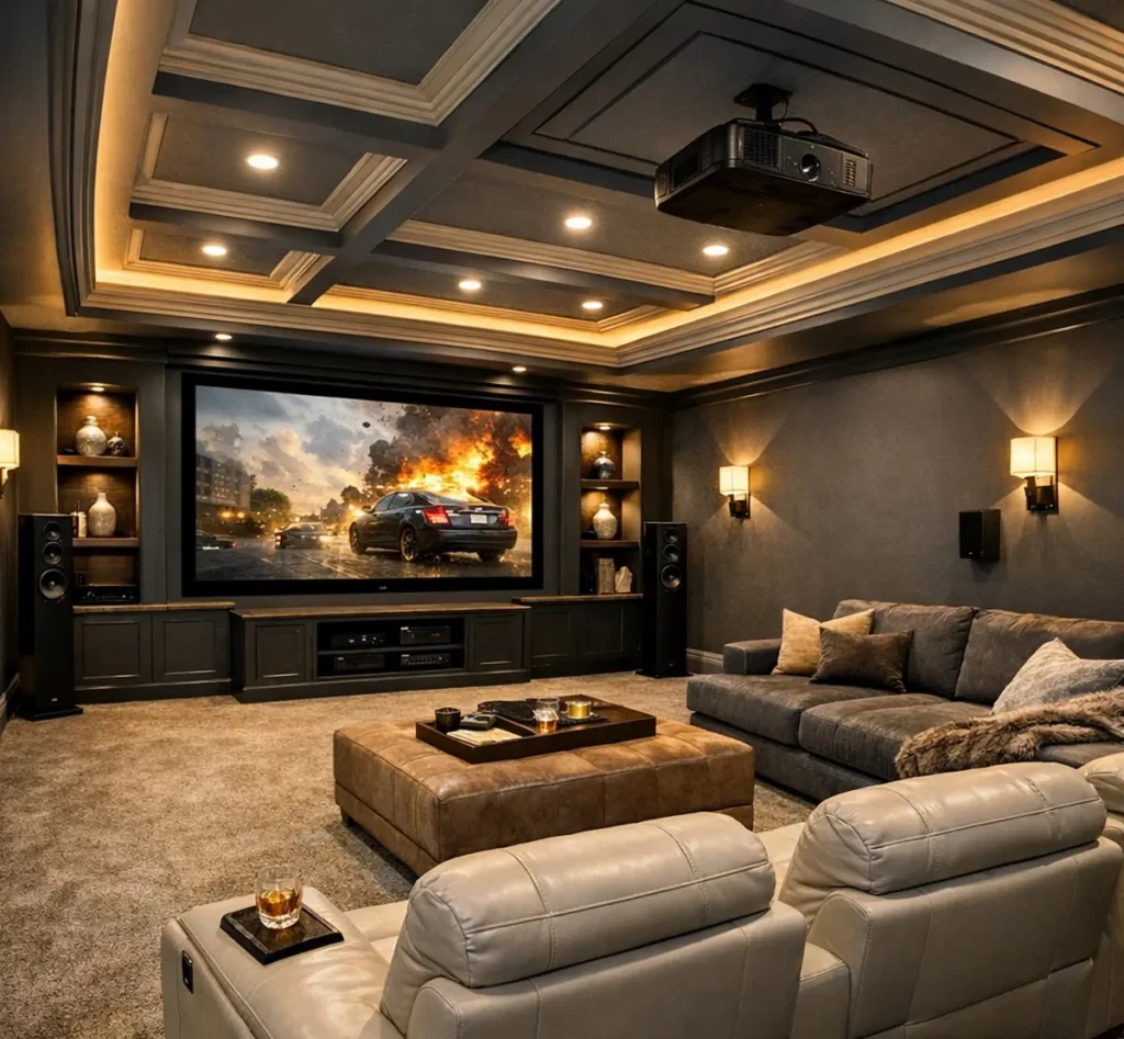 Basement home theater with a projector screen, coffered ceiling, and leather recliners in Waukesha County