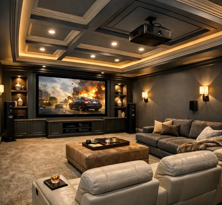 Basement home theater with projector screen, coffered ceiling, and leather recliners