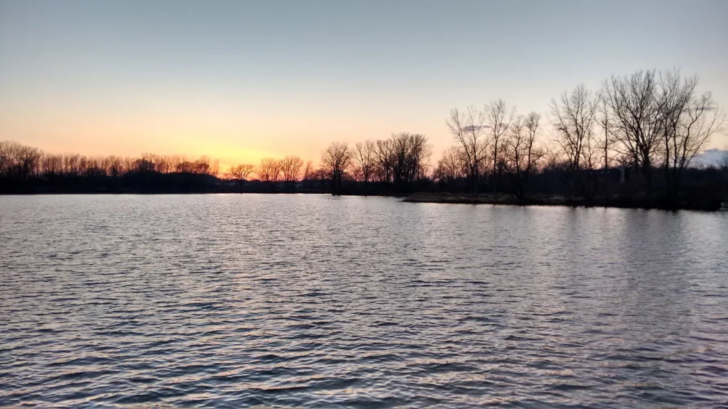 Sunset over the pond at Fox Brook Park in Brookfield, Wisconsin