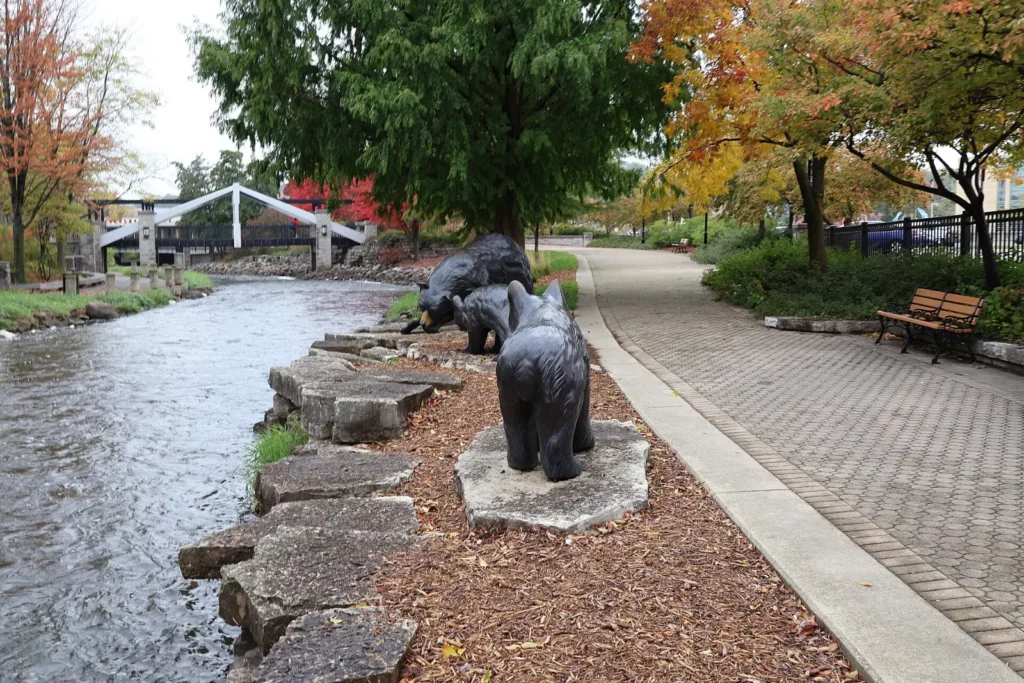 Fox River Trail riverwalk with bear sculptures and fall colors in downtown Waukesha, Wisconsin