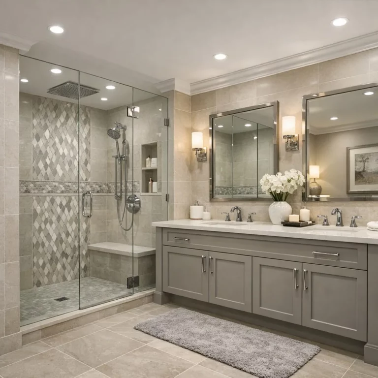 Basement bathroom with walk-in tiled shower, bench seat, and double vanity