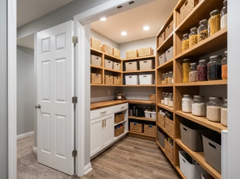 Basement pantry and storage room with shelving