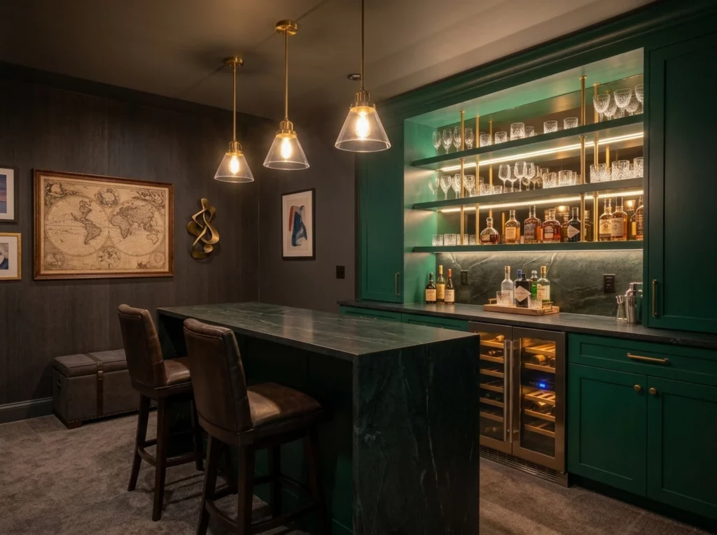 Custom basement wet bar with cabinets and seating in Waukesha County